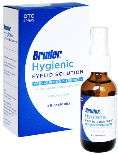The Bruder hygenic eyelid solution box and bottle that is part of the Bruder Sx Pre-Surgical Patient Prep Kit that helps prepare the ocular surface for surgries.