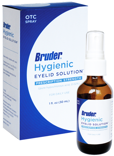 The Bruder hygenic eyelid solution box and bottle that is part of the Bruder Sx Pre-Surgical Patient Prep Kit that helps prepare the ocular surface for surgries.